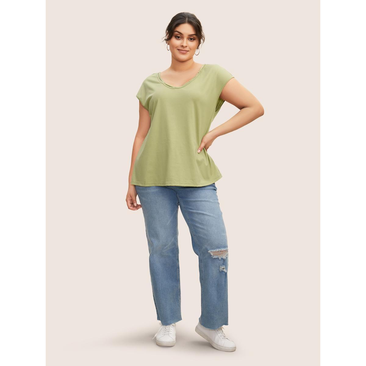 Plus Size Crew Neck Cut Out Batwing Sleeve T-shirt LightGreen Women Casual Cut-Out V-neck Everyday T-shirts BloomChic 30/6X Product Image