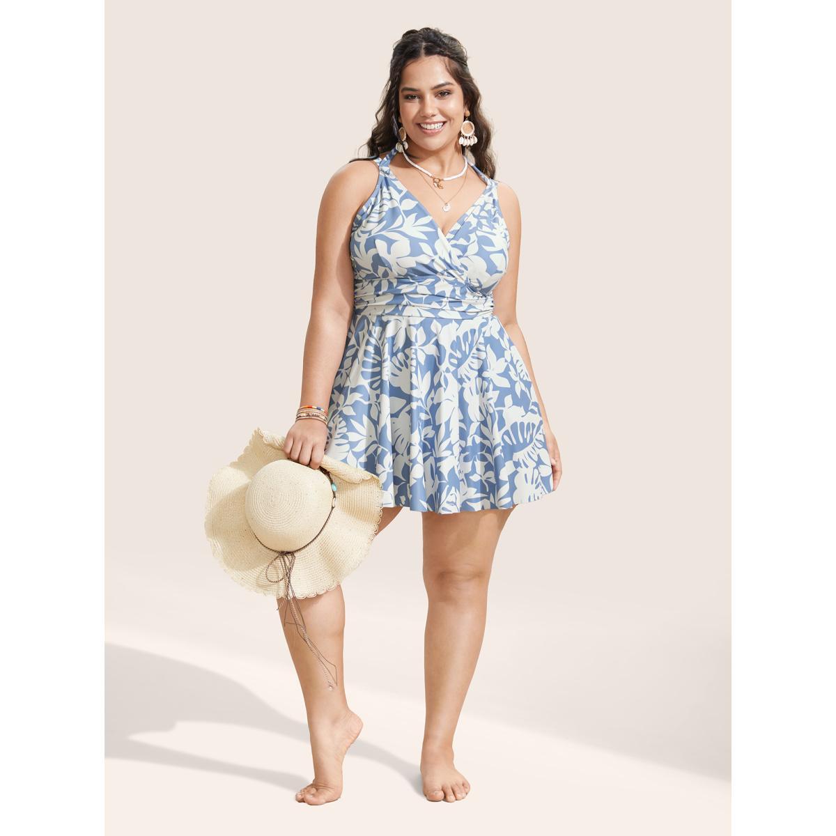 Plus Size Overlap Collar Silhouette Floral Print Swim Dress Women's Swimwear LightBlue Beach Bodycon Overlap Collar High stretch Curve Swim Dresses BloomChic 30/6X Product Image
