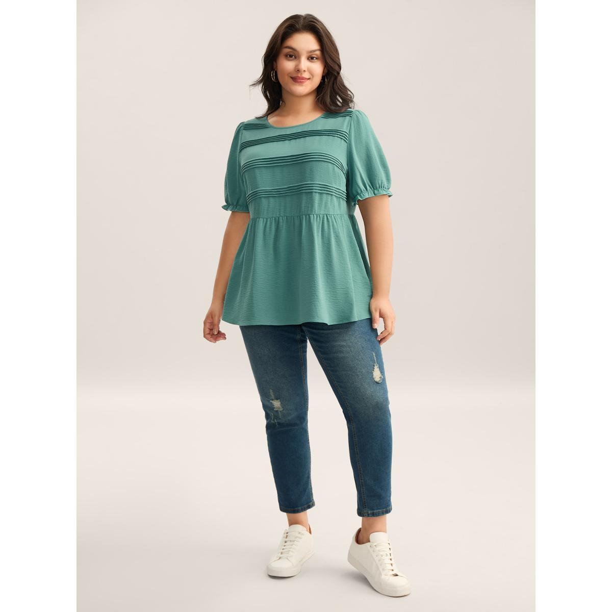 Plus Size Teal Pleated Bodice Puff Sleeve Plain Top Women Short sleeve Round Neck Everyday-Casual Blouses BloomChic 12/L Product Image
