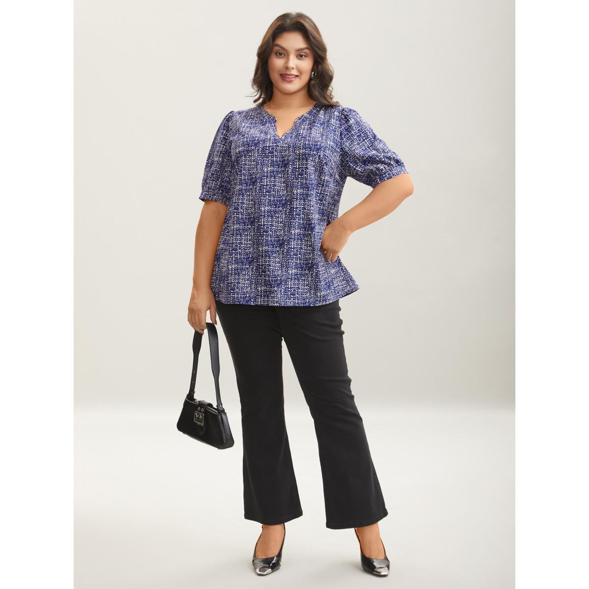 Plus Size DarkBlue Geometric Print Puff Sleeve Blouse Women Elegant Short sleeve Flat collar with V-notch Everyday Blouses BloomChic 28/5X Product Image