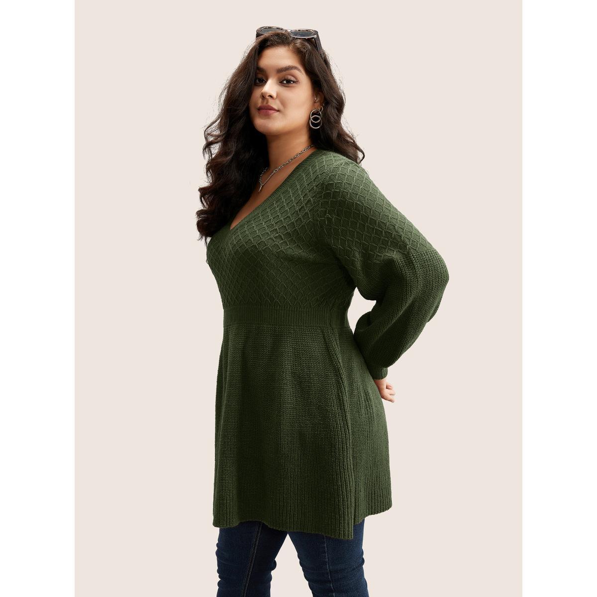 Plus Size Plain Plisse Lantern Sleeve A Line Pullover Moss Women Elegant Long Sleeve V-neck Everyday Pullovers BloomChic 18-20/2X Product Image
