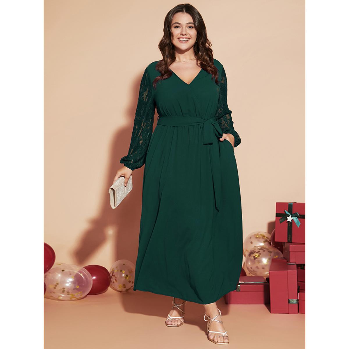 Plus Size Solid Wrap Pocket Lantern Sleeve Lace Belted Maxi Dress DarkGreen Women Elegant V-neck Long Sleeve Curvy Long Dress BloomChic 12/L Product Image