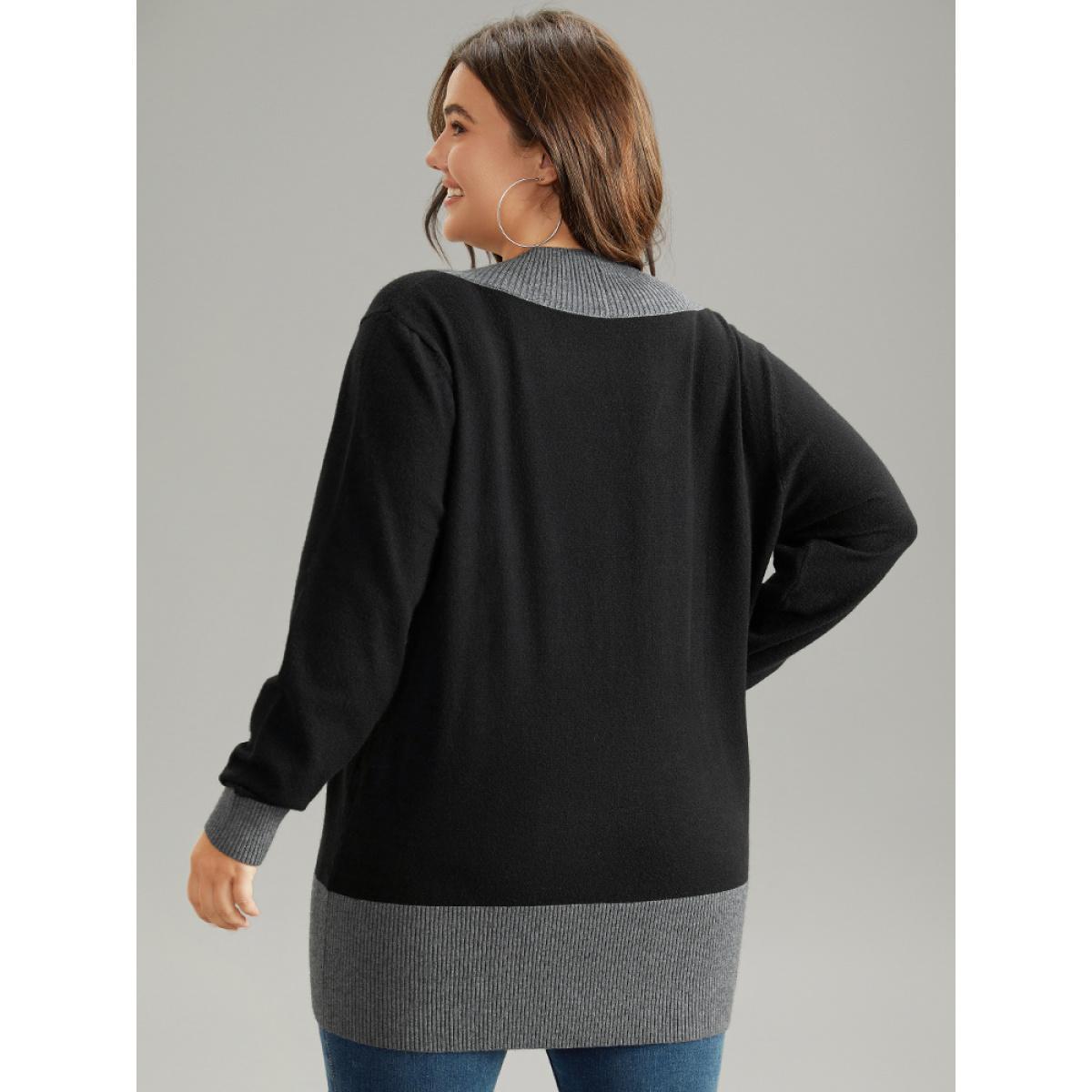 Plus Size Supersoft Essentials Contrast Deep V Neck Button Detail Pullover Black Women Casual Long Sleeve Deep V-neck Everyday Pullovers BloomChic 28/5X Product Image