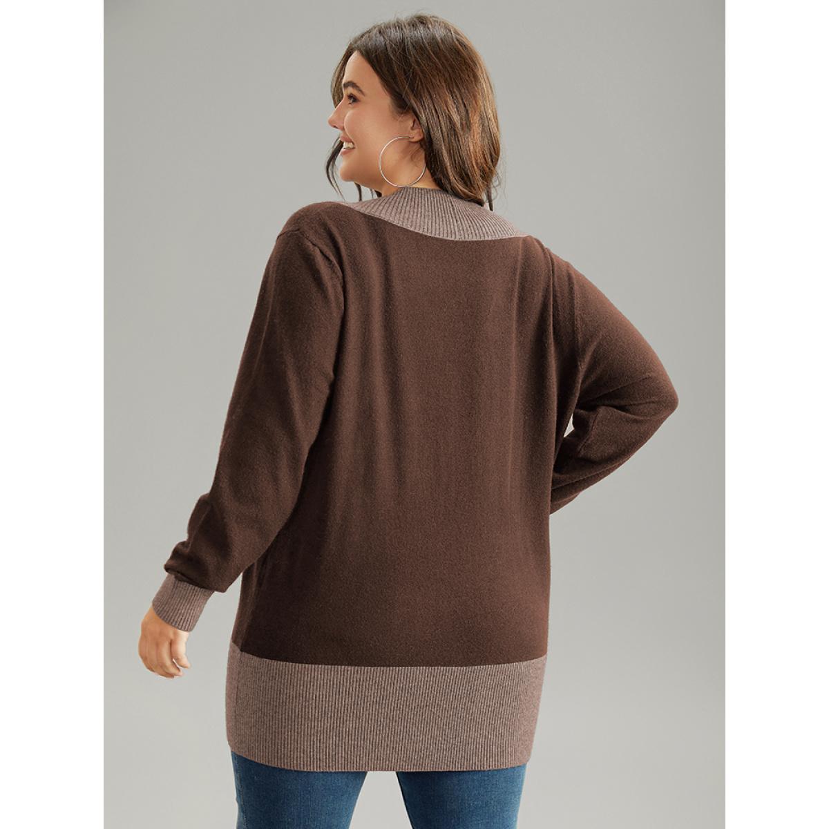 Plus Size Supersoft Essentials Contrast Deep V Neck Button Detail Pullover DarkBrown Women Casual Long Sleeve Deep V-neck Everyday Pullovers BloomChic 26/4X Product Image
