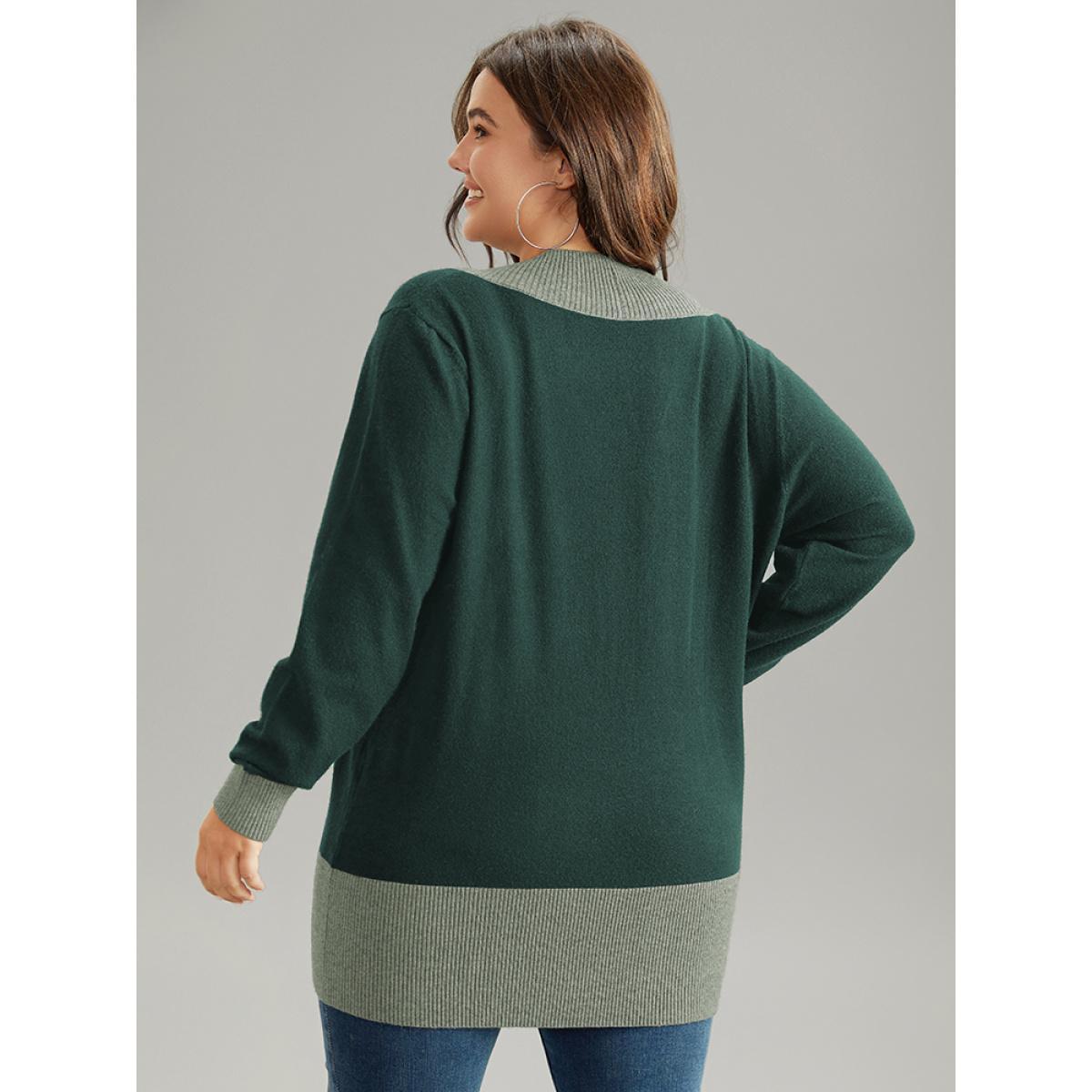 Plus Size Supersoft Essentials Contrast Deep V Neck Button Detail Pullover DarkGreen Women Casual Long Sleeve Deep V-neck Everyday Pullovers BloomChic 26/4X Product Image