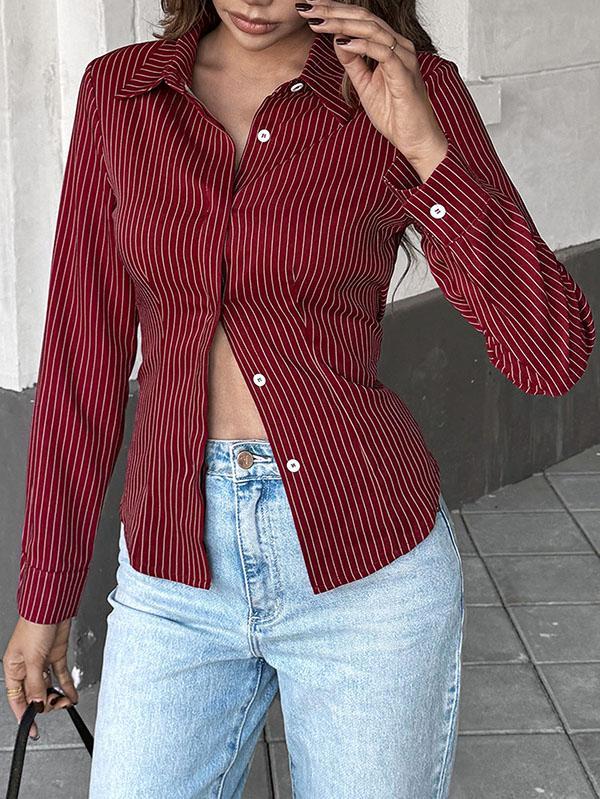 Long Sleeves Skinny Buttoned Contrast Color Striped Lapel Blouses&Shirts Tops Product Image