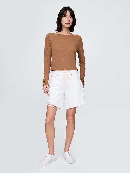 Linen-Blend Cropped Boatneck T-Shirt Product Image