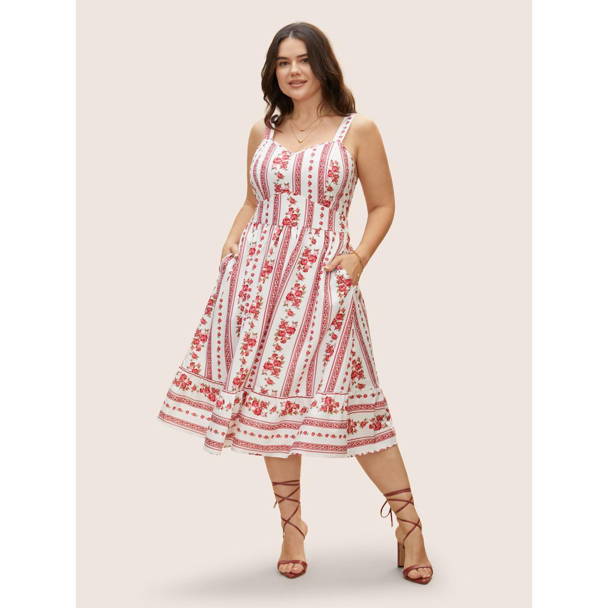 Plus Size Heart Neckline Boho Print Shirred Cami Midi Dress Originalwhite Women Elegant Shirred Heart neckline Sleeveless Curvy BloomChic 10/M Product Image