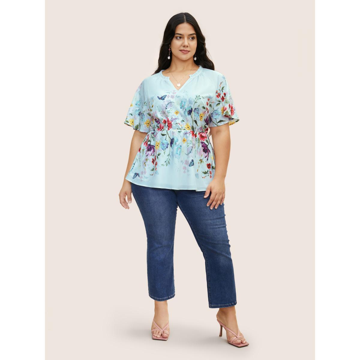 Plus Size Skyblue Floral Flat Collar With V Notch Frill Trim Blouse Women Elegant Short sleeve Flat collar with V-notch Everyday Blouses BloomChic 22-24/3X Product Image