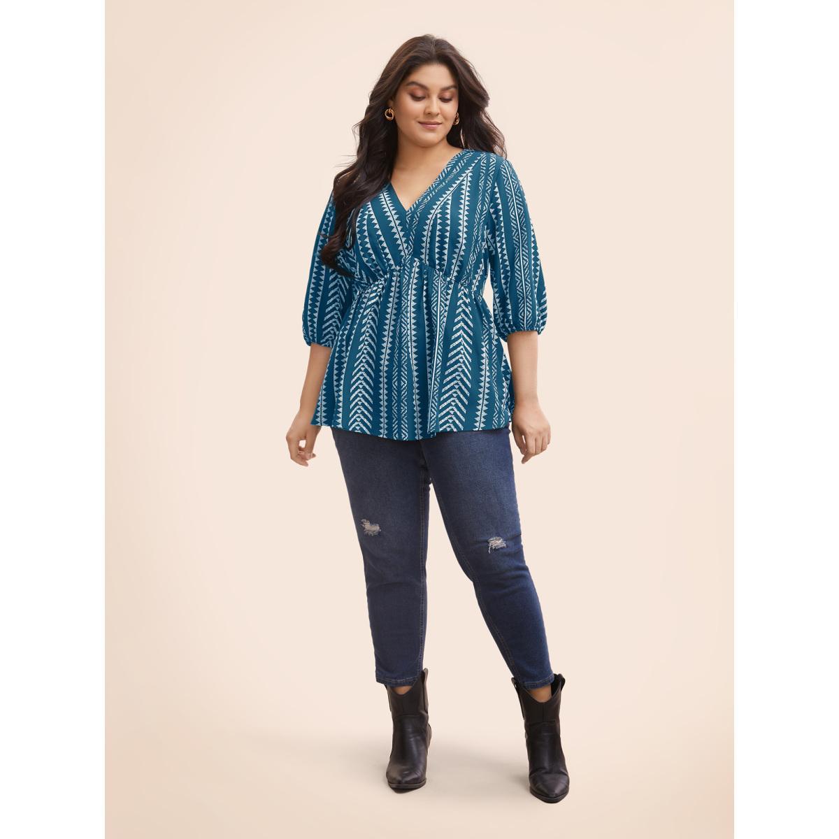 Plus Size Aegean Bandana Geometric Lantern Sleeve Gathered Blouse Women Resort Elbow-length sleeve V-neck Vacation Blouses BloomChic 30/6X Product Image