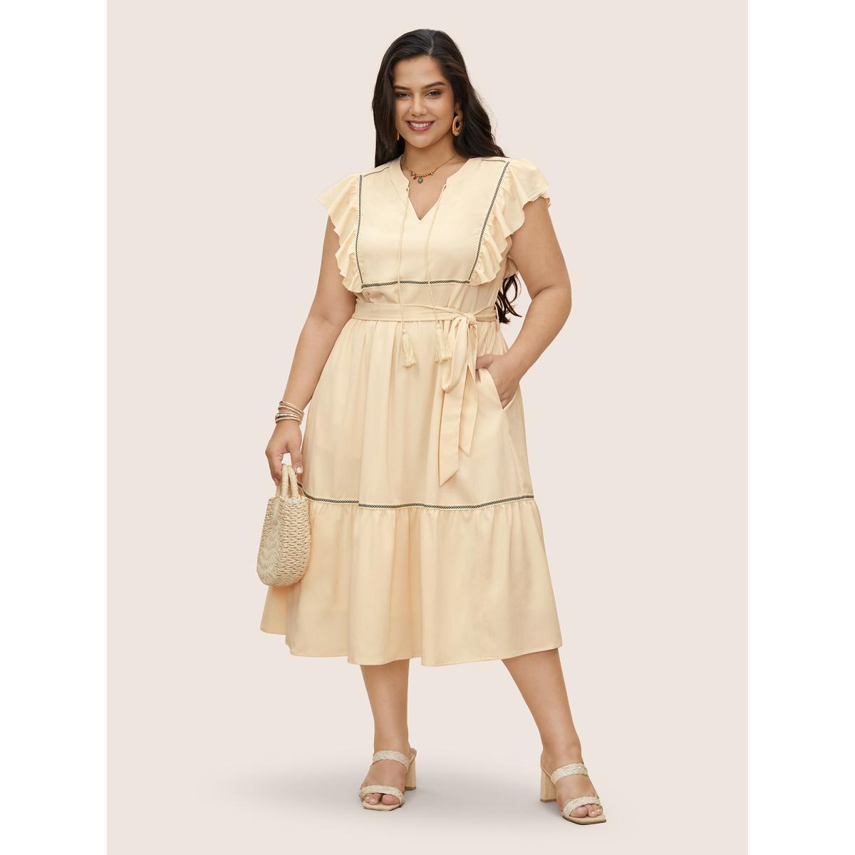 Plus Size Notch Ruffle Cap Sleeve Woven Ribbon Tassels Dress Apricot Women Resort Woven ribbon&lace trim Flat collar with V-notch Cap Sleeve Curvy Midi Dress BloomChic 14-16/1X Product Image