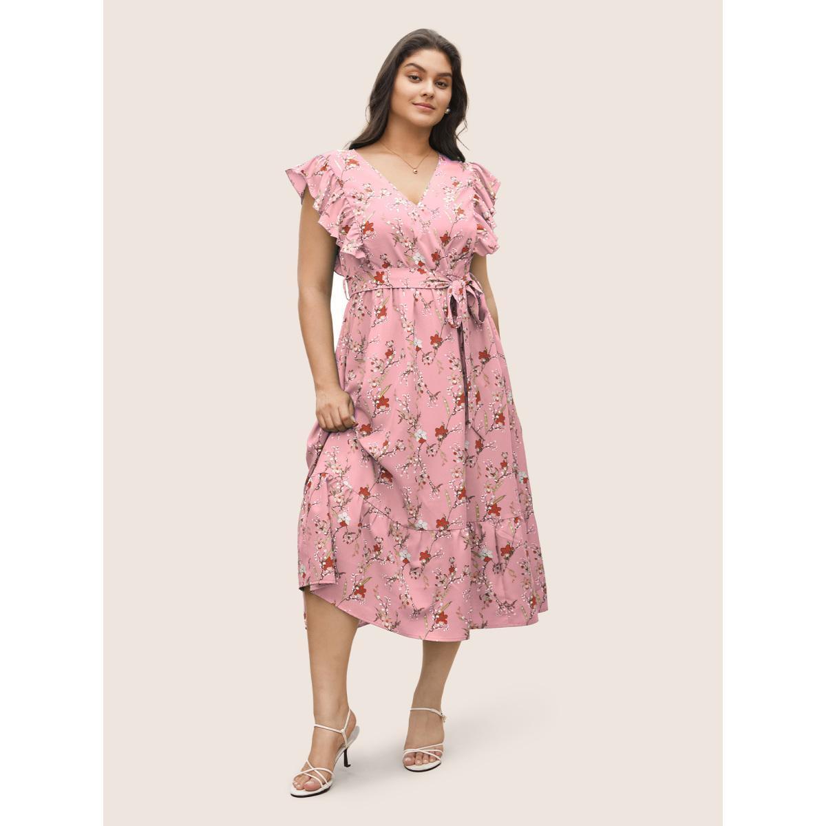 Plus Size Ditsy Floral Flutter Trim Pocket Layered Hem Dress Pink Women Elegant Non Overlap Collar Cap Sleeve Curvy Midi Dress BloomChic 12/L Product Image