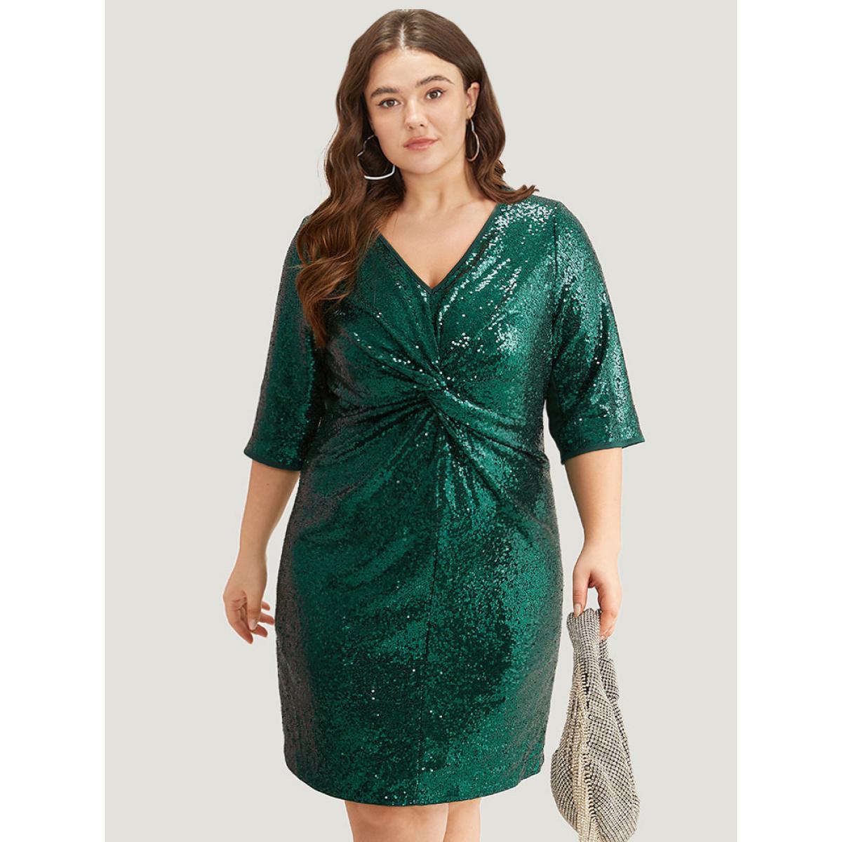 Plus Size Sequin Twist Front V Neck Dress DarkGreen Women Party Plain V-neck Short sleeve Curvy Knee Dress BloomChic 28/5X Product Image