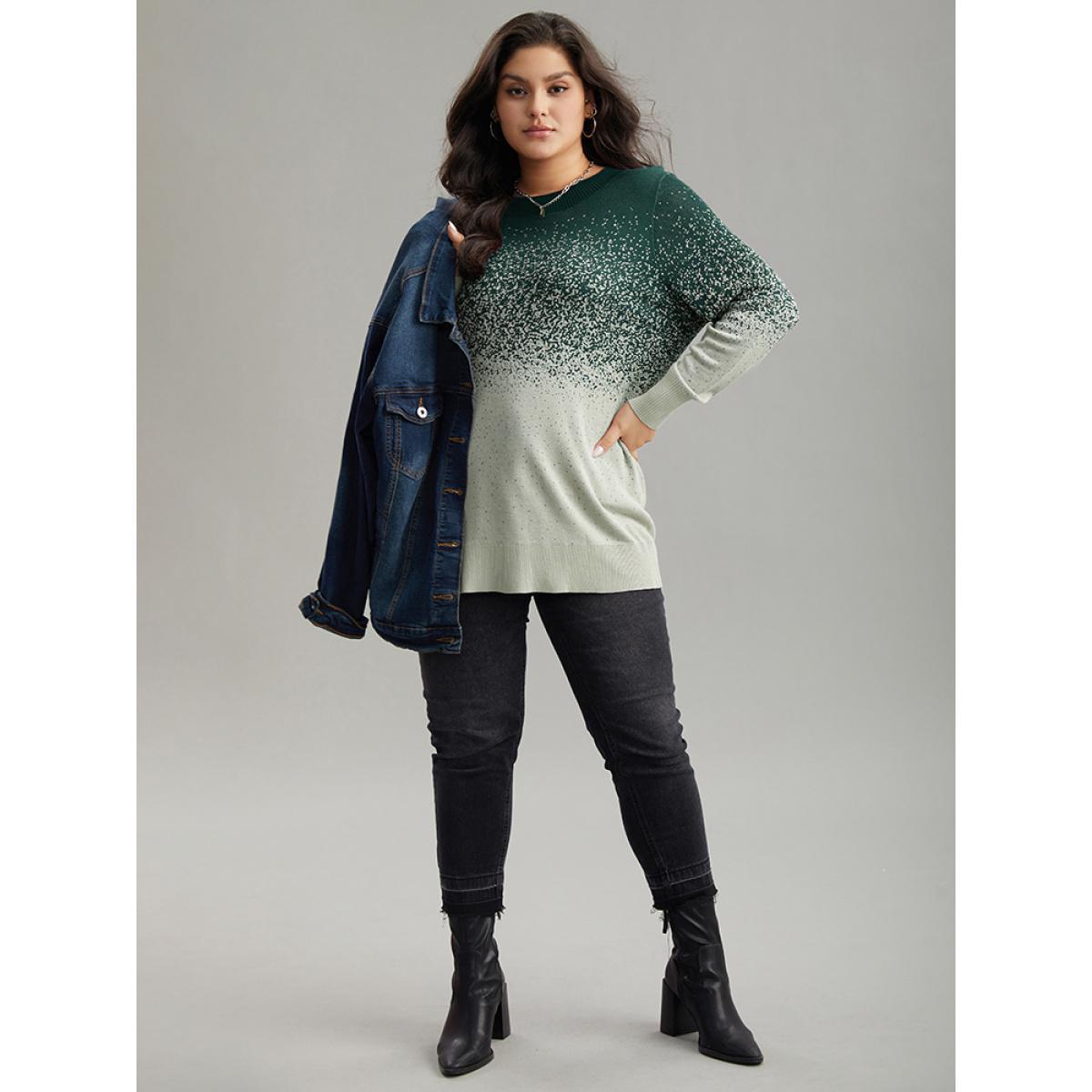 Plus Size Supersoft Essentials Ombre Elastic Cuffs Pullover DarkGreen Women Casual Loose Long Sleeve Round Neck Dailywear Pullovers BloomChic 10/M Product Image