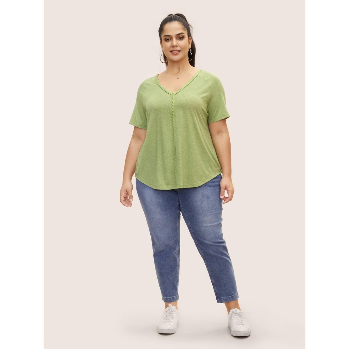 Plus Size Plait Detail Raglan Sleeve Cut Out T-shirt Applegreen Women Casual Patchwork V-neck Everyday T-shirts BloomChic 12/L Product Image