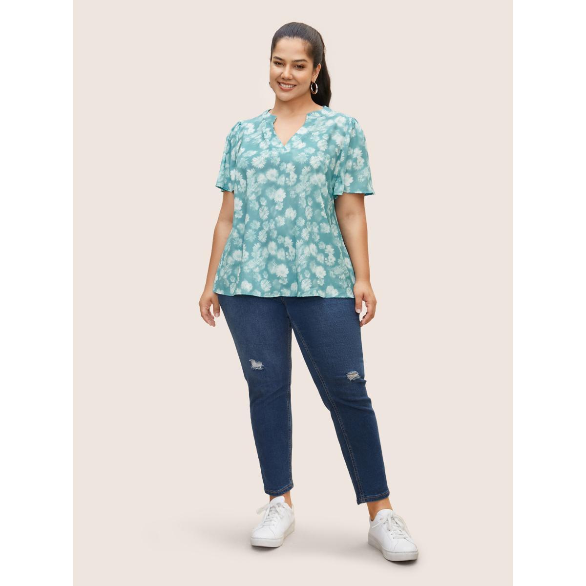 Plus Size Emerald Notched Floral Gathered Flutter Sleeve Blouse Women Casual Short sleeve Flat collar Everyday Blouses BloomChic 28/5X Product Image