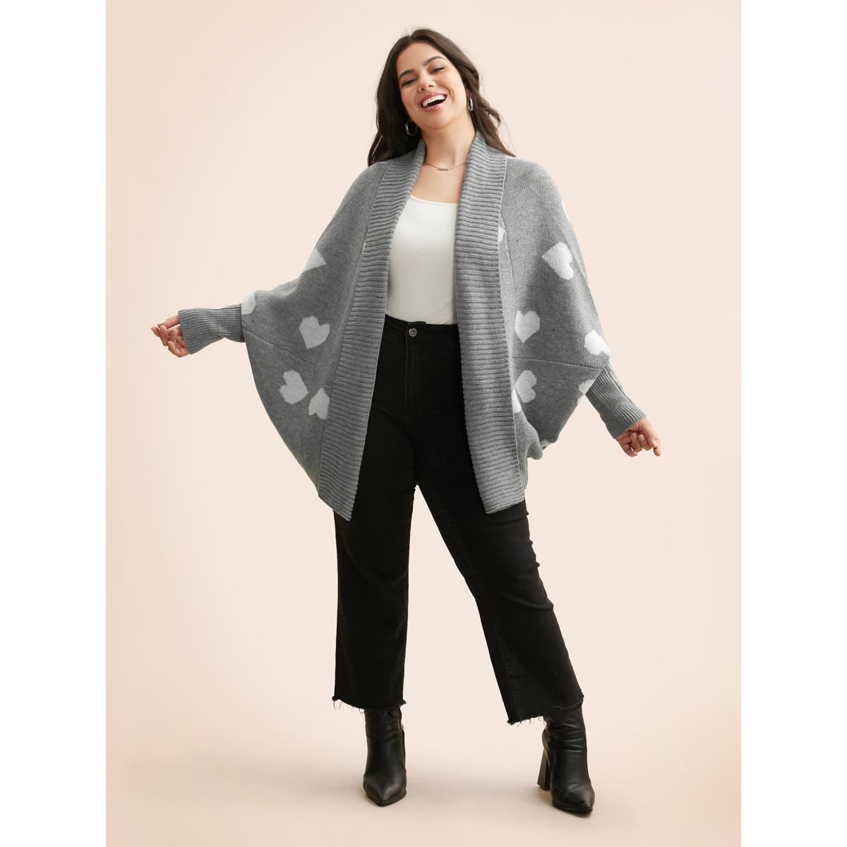 Plus Size Lapel Collar Heart Shaped Cardigan Mediumgray Women Casual Oversized Long Sleeve Everyday Cardigans BloomChic 22-24/3X Product Image