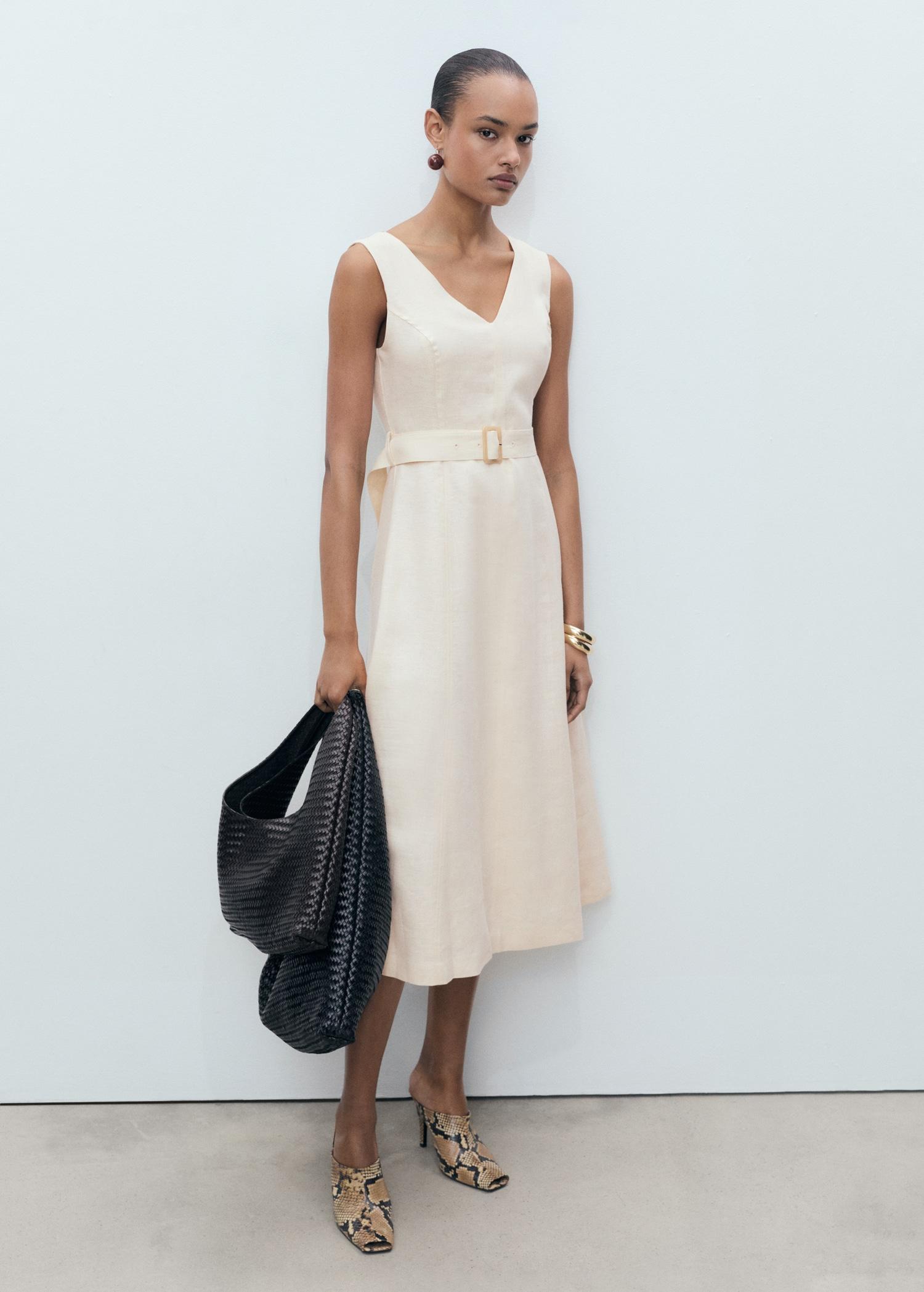 Belt linen dress - Women | MANGO USA Product Image