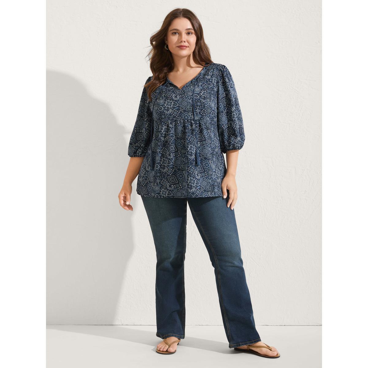 Plus Size Indigo Boho Print Neck Tie Lantern Sleeve Blouse Women Elbow-length sleeve Notched collar Vacation Blouses BloomChic 28/5X Product Image