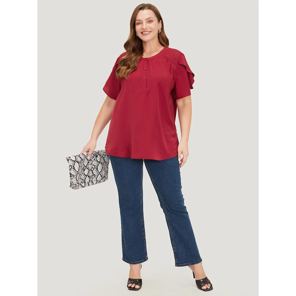 Plus Size Burgundy Plain Patchwork Cut Out Petal Sleeve Blouse Women Office Short sleeve Round Neck Work Blouses BloomChic 12/L Product Image