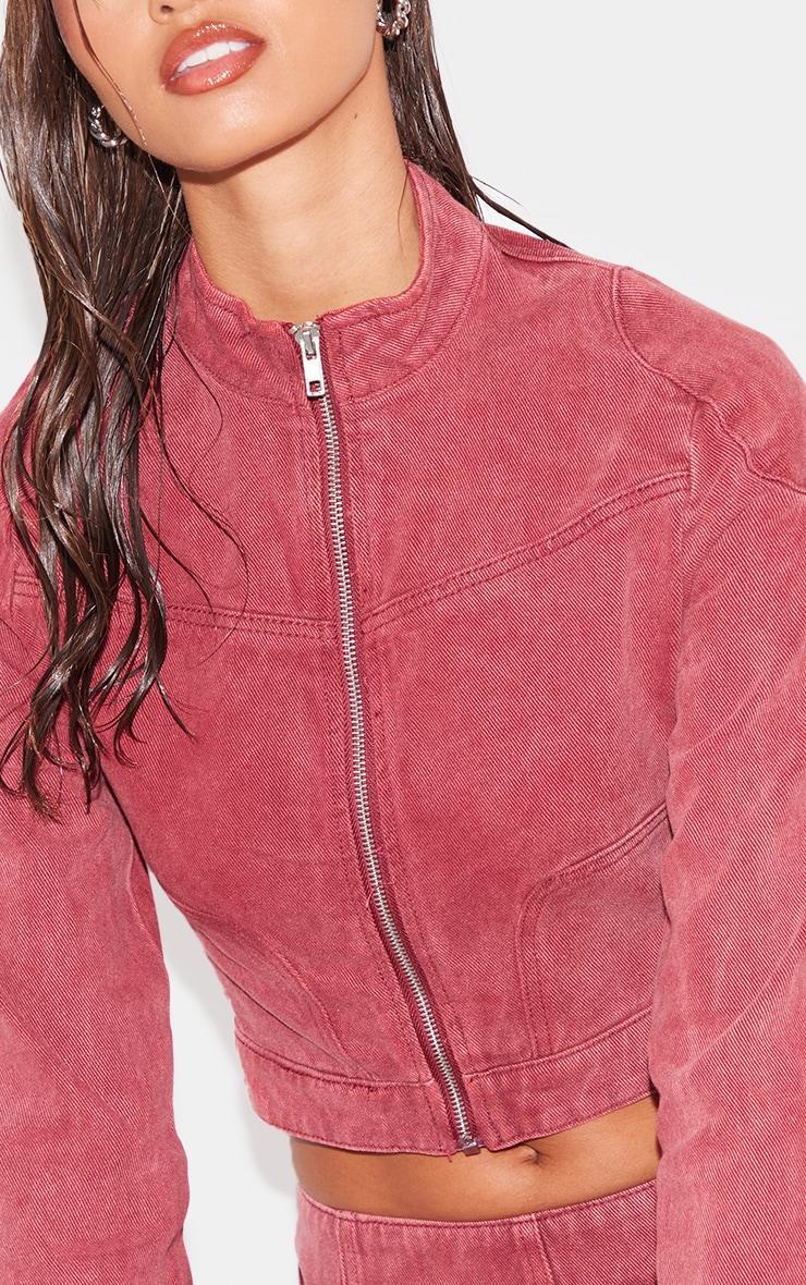 Washed Red Racer Neck Cropped Denim Jacket Product Image