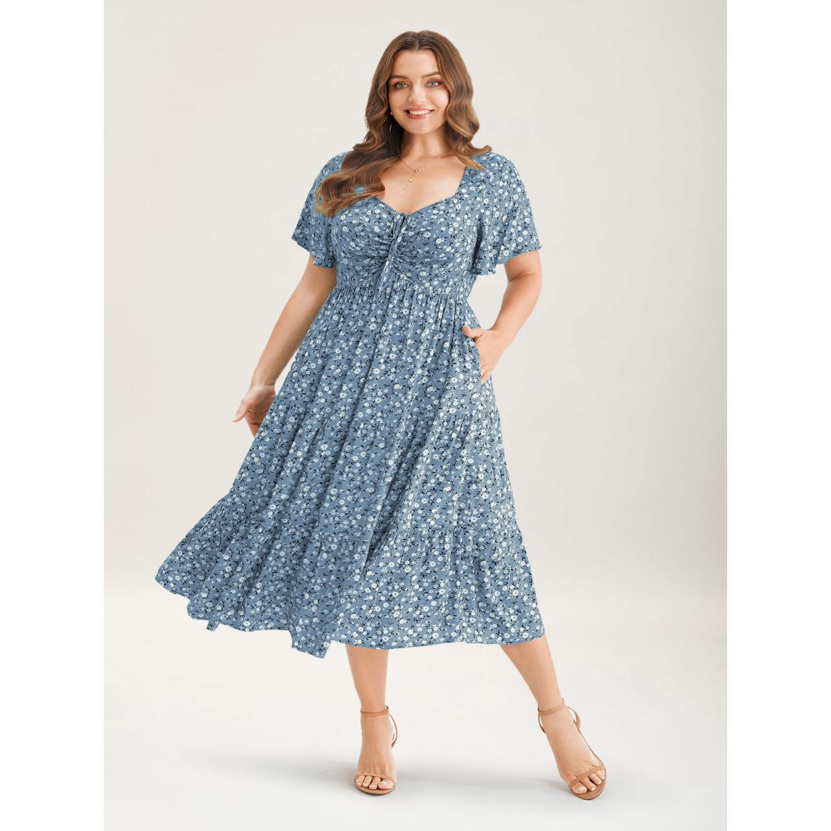 Plus Size Ditsy Floral Sweetheart Drawstring Pocket Tiered Dress Aegean Women Elegant Non V-neck Short sleeve Curvy Midi Dress BloomChic 28/5X Product Image