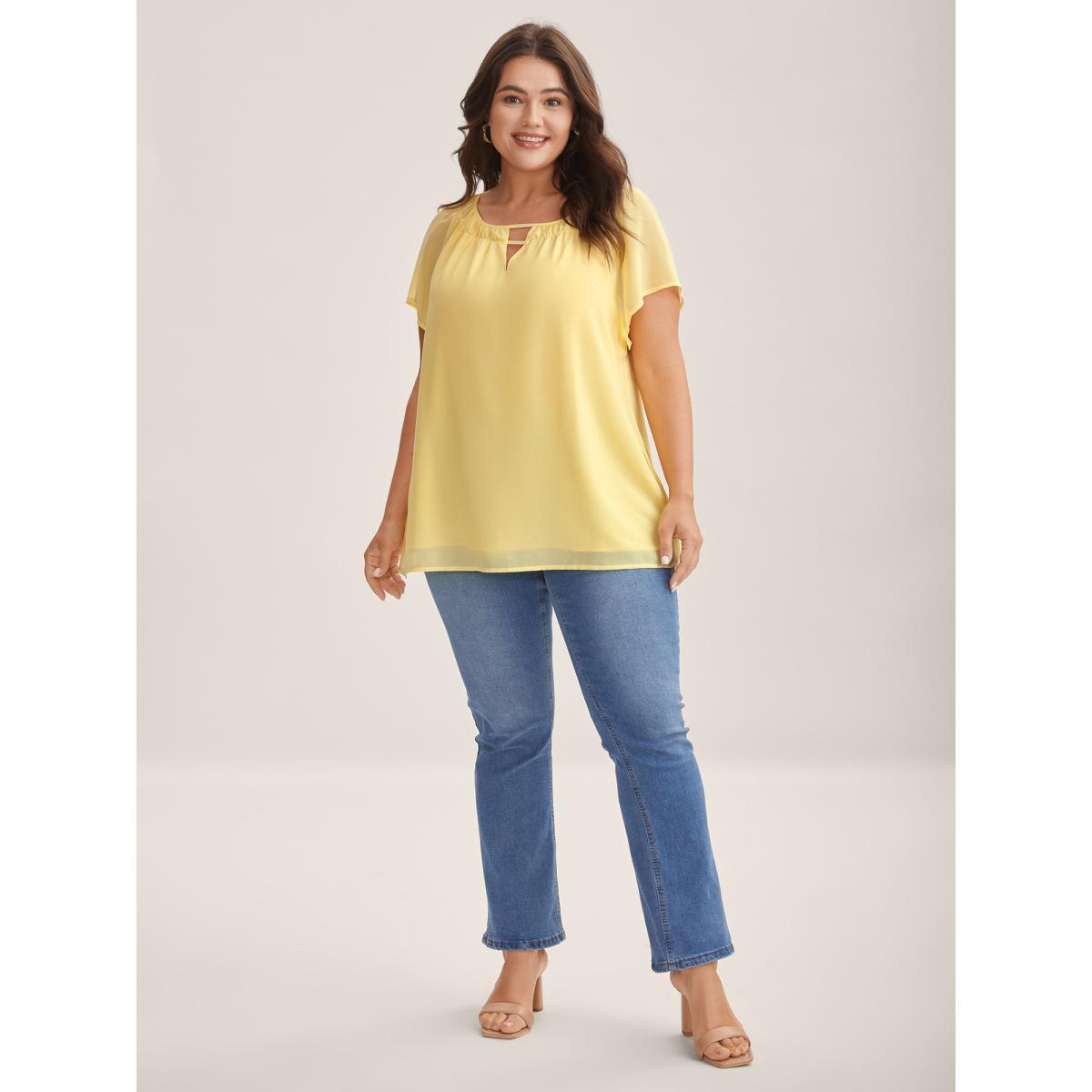 Plus Size Lightyellow Sheer Lined Neck Cut-Out Blouse Women Cap Sleeve Boat Neck Everyday-Elegant Blouses BloomChic 10/M Product Image