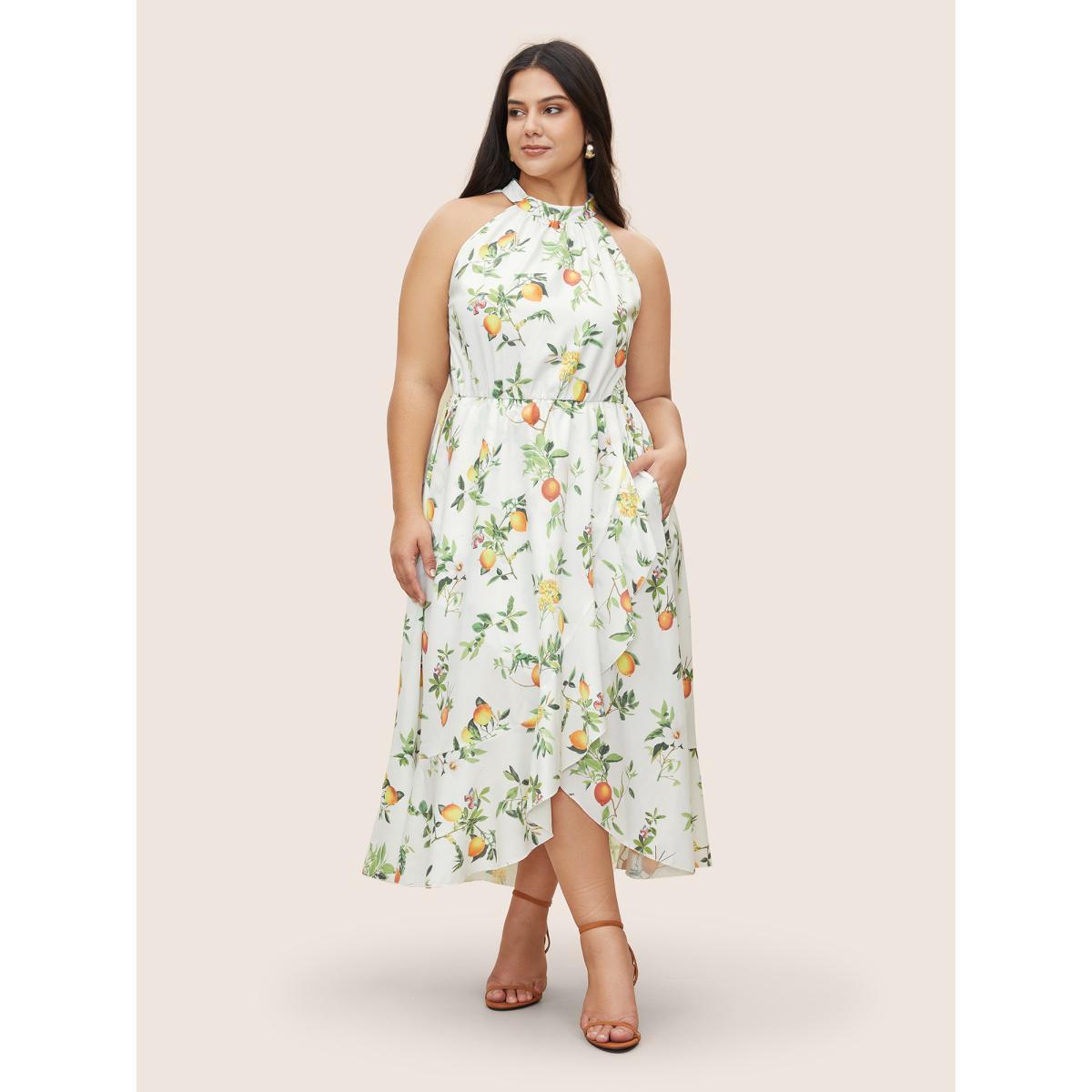 Plus Size Citrus Lemon Print Elastic Waist Halter Neck Dress Ivory Women Elegant Non Halter neck Sleeveless Curvy Midi Dress BloomChic 28/5X Product Image
