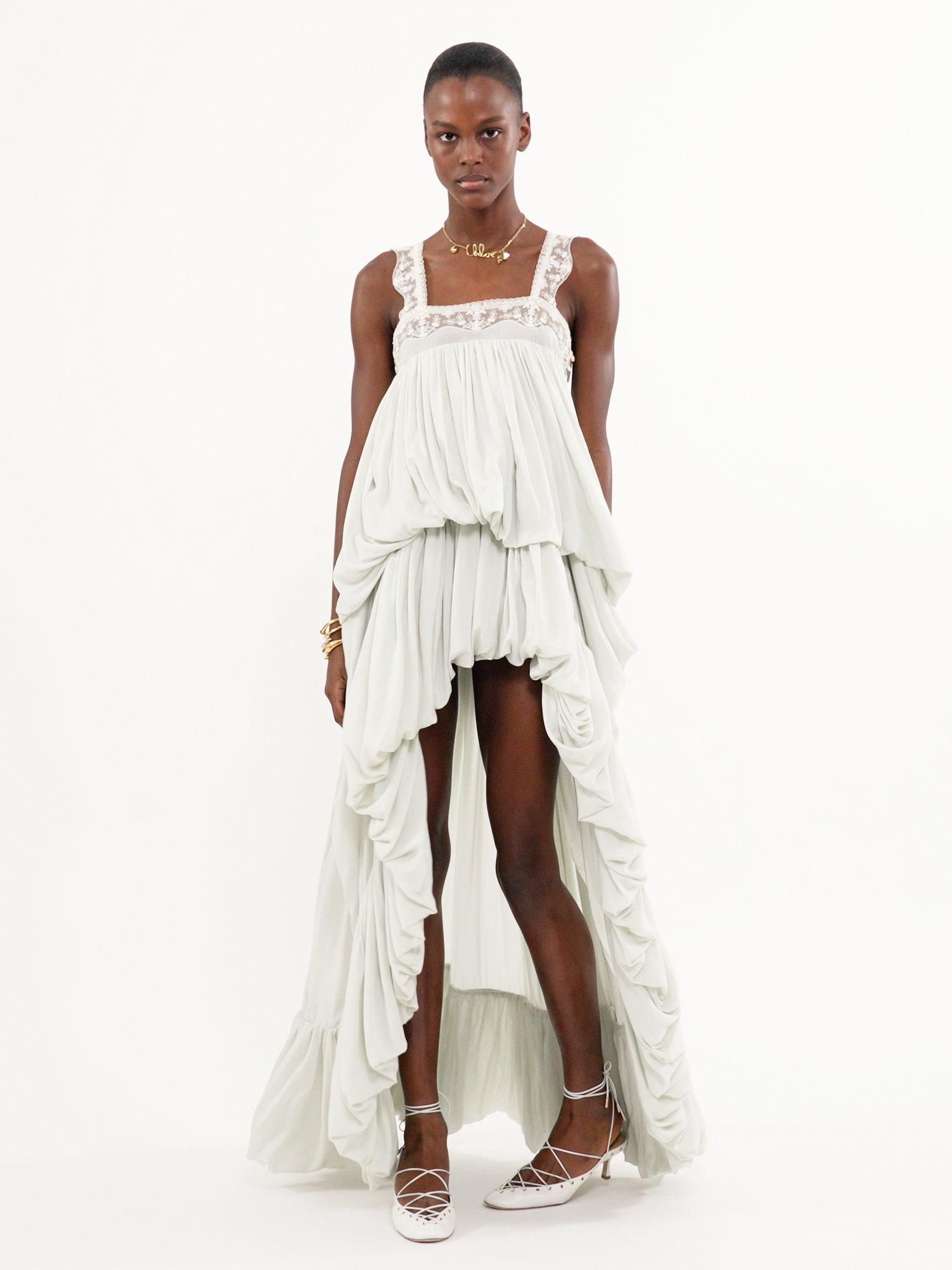 High-low ruffled dress in silk habotai & lace Product Image