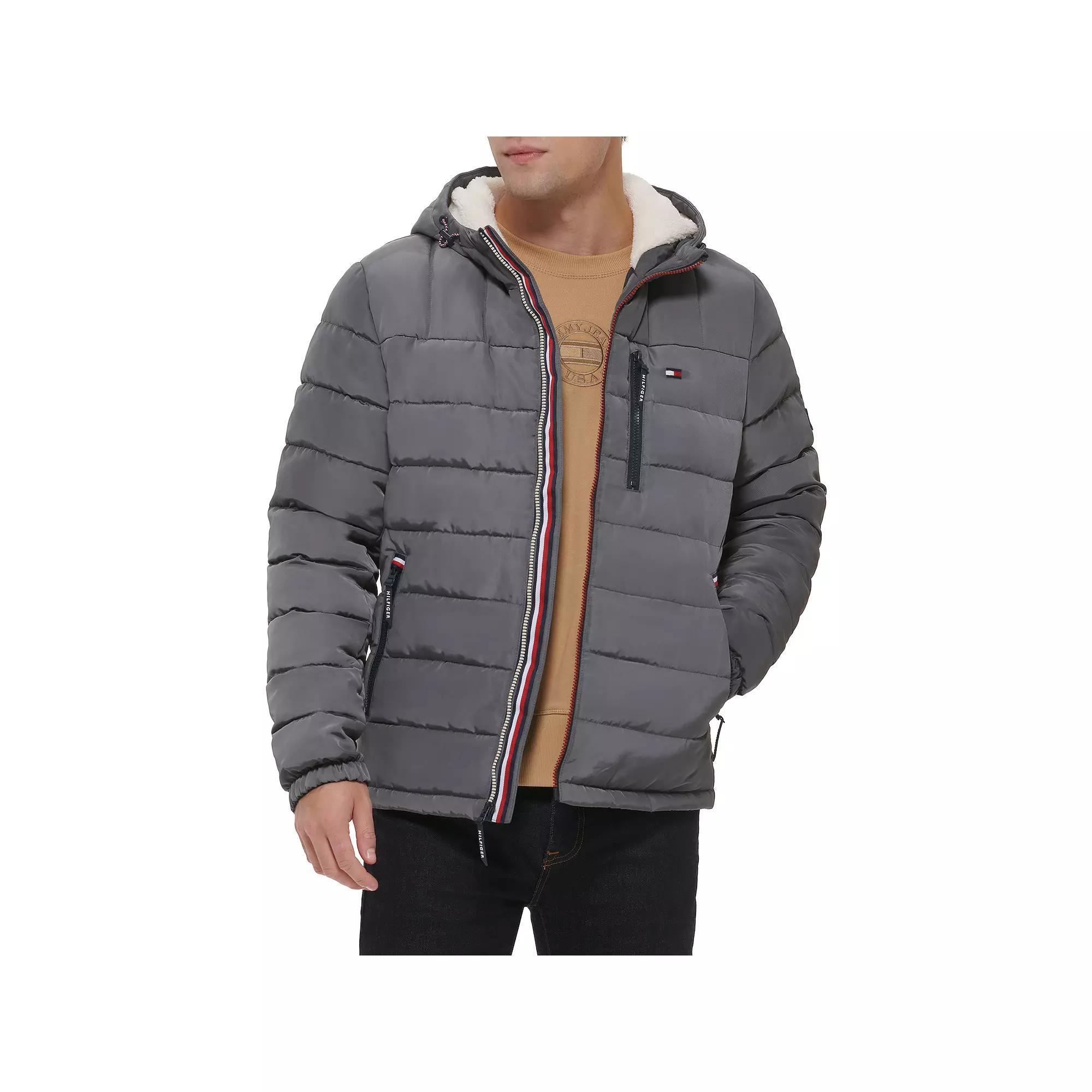 Men's Tommy Hilfiger Hooded Puffer Jacket with Sherpa Lined Hood, Size: Medium, Blue Colorblock Product Image