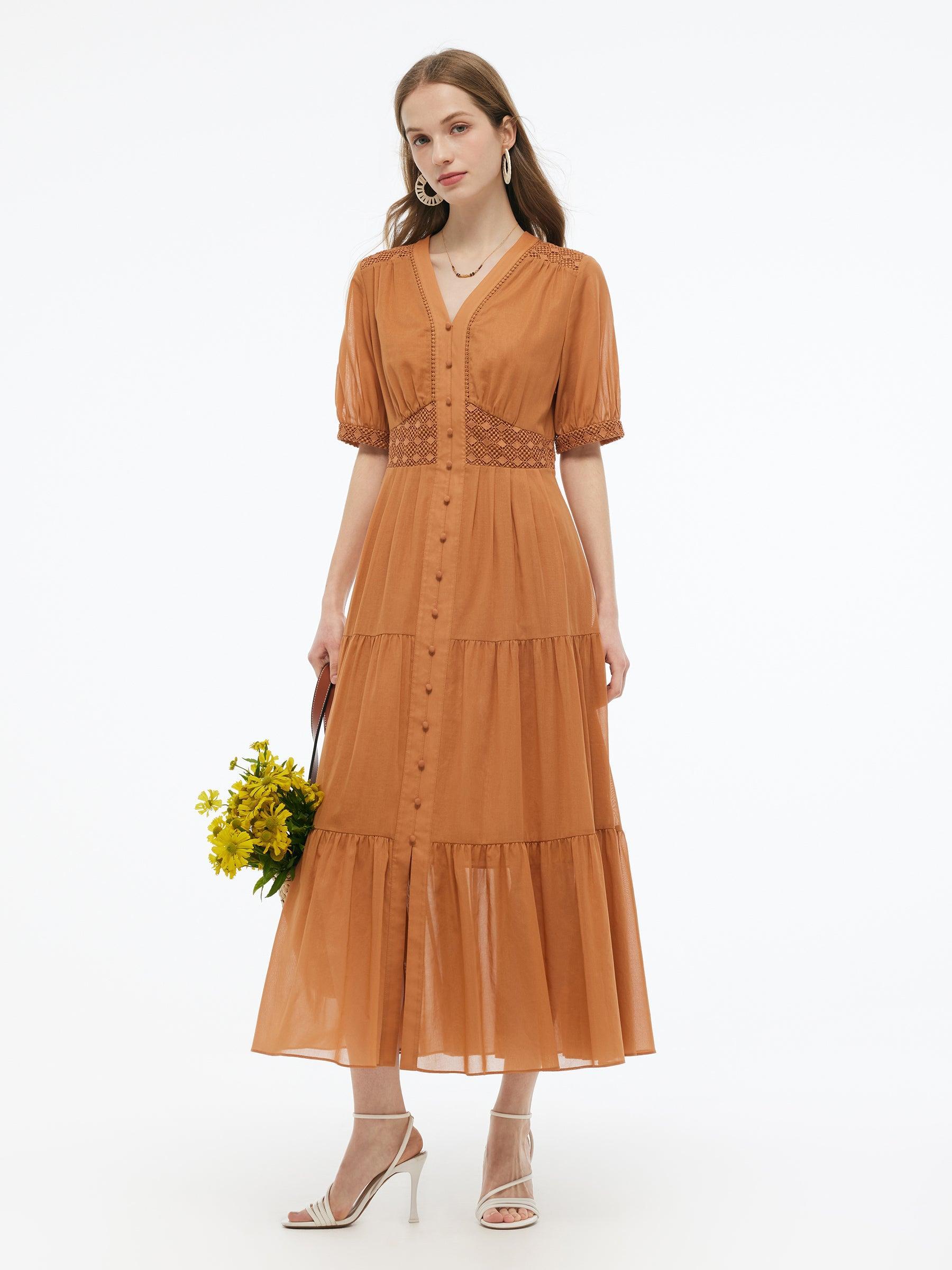 100% Cotton Patchwork Lace Embroidered Women Maxi Dress Product Image