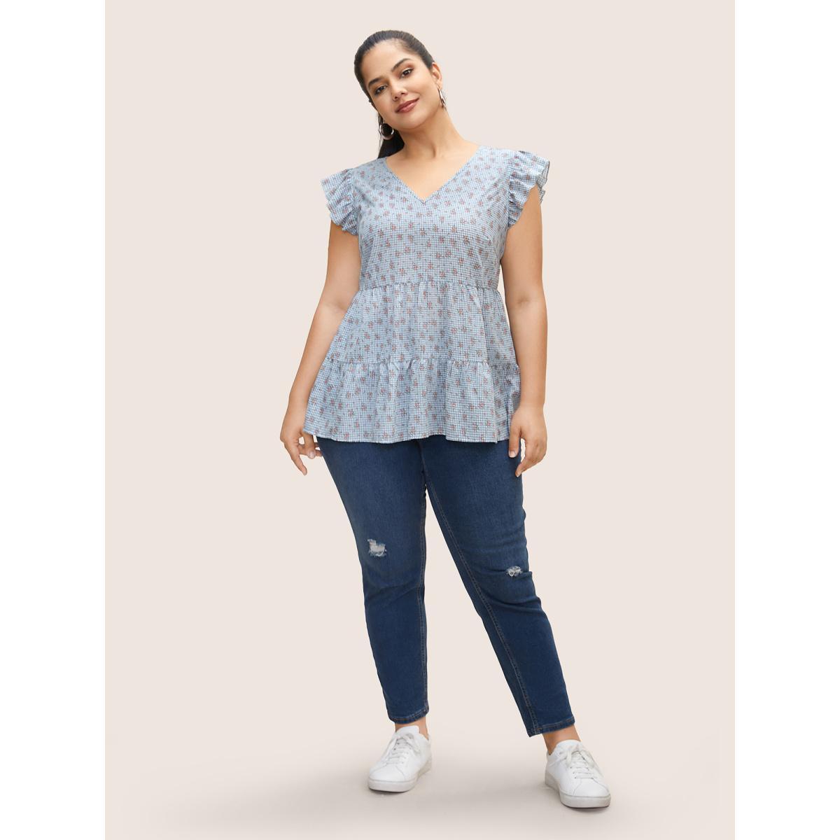 Plus Size LightBlue Gingham Ditsy Floral Ruffle Cap Sleeve Blouse Women Casual Cap Sleeve V-neck Everyday Blouses BloomChic 28/5X Product Image