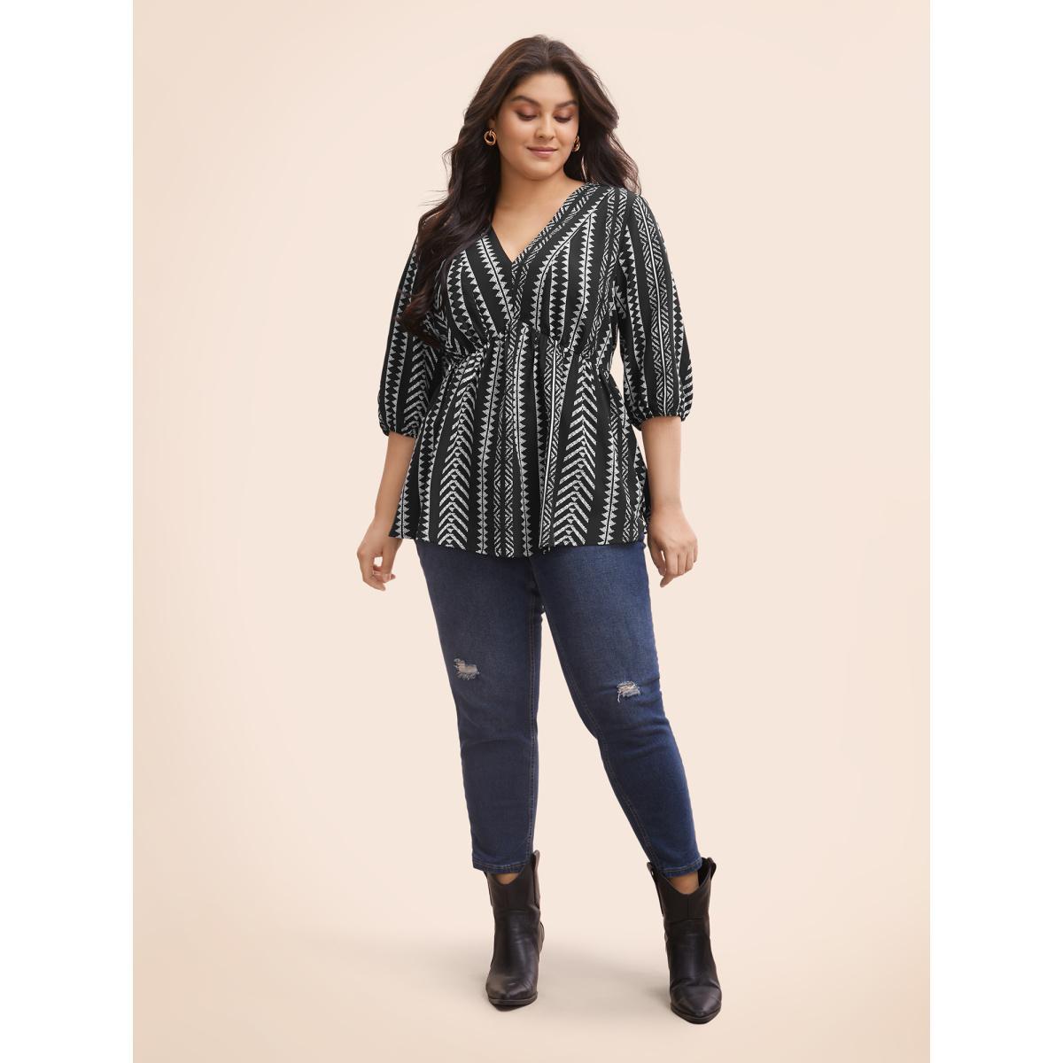 Plus Size Black Bandana Geometric Lantern Sleeve Gathered Blouse Women Resort Elbow-length sleeve V-neck Vacation Blouses BloomChic 18-20/2X Product Image