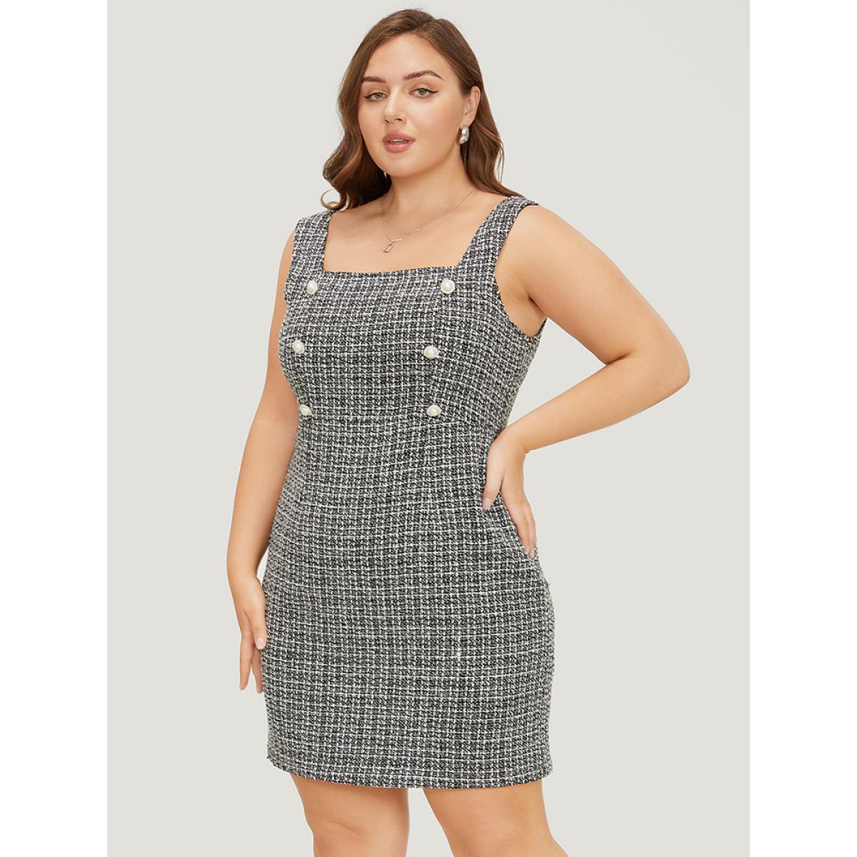 Plus Size Plaid Tweed Zipper Pearl Beaded Tank Dress Black Women Office Zipper Square Neck Sleeveless Curvy Short Dress BloomChic 14-16/1X Product Image