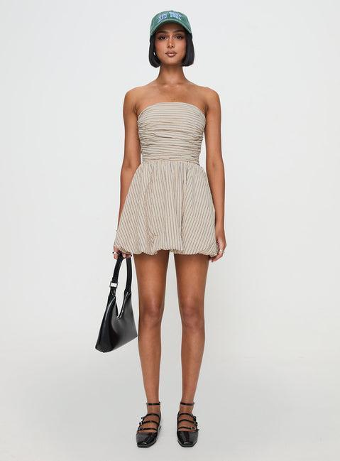 Quinette Strapless Bubble Hem Mini Dress Beige Stripe Product Image