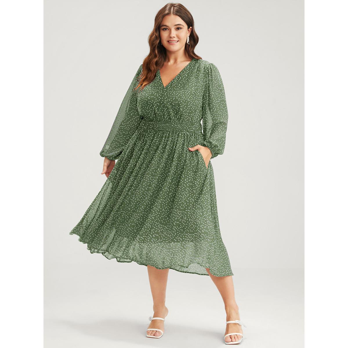 Plus Size Polka Dot Lantern Sleeve Pocket Shirred Flutter Dress Mint Women Elegant Pocket V-neck Short sleeve Curvy Midi Dress BloomChic 18-20/2X Product Image