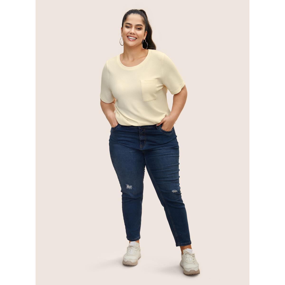 Plus Size Solid Waffle Knit Patched Pocket T-shirt Beige Women Casual Texture Round Neck Everyday T-shirts BloomChic 10/M Product Image
