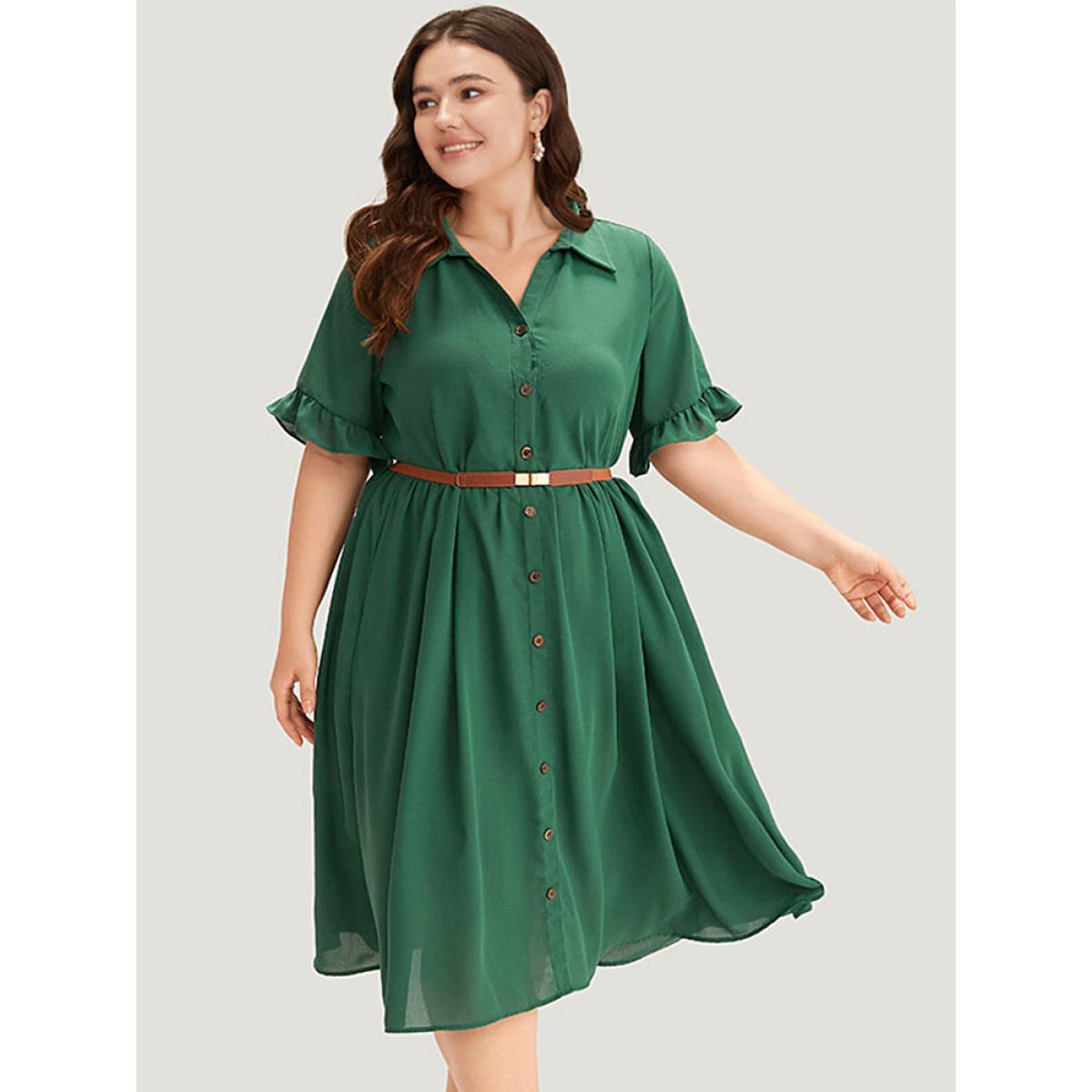 Plus Size Plain Ruffles Pocket Button Up Pleated Frill Trim Dress Emerald Women Casual Plain Lapel Collar Short sleeve Curvy Midi Dress BloomChic 28/5X Product Image