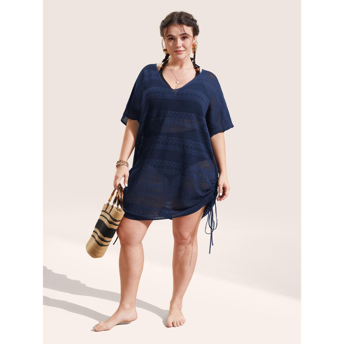 Plus Size Deep V Neck Cut Out Drawstring Swim Cover Up Women's Swimwear Black Beach Loose Cut-Out Curve Swim Cover Ups BloomChic 26/4X Product Image