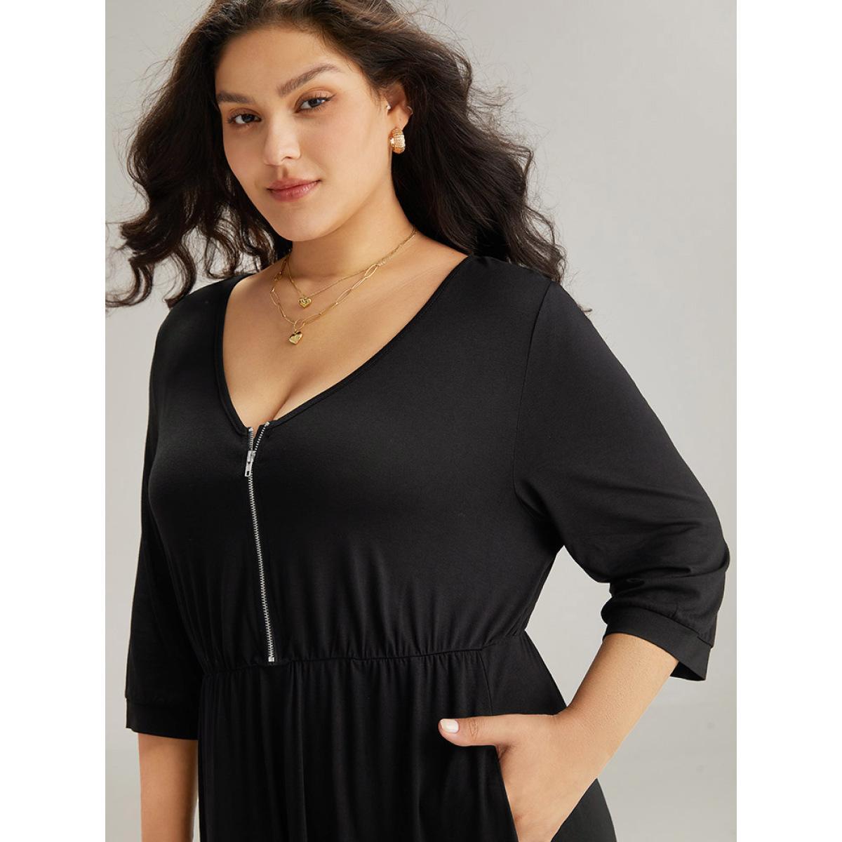 Plus Size Plain Pocket Elastic Waist Zipper Dress Black Women Office Plain V-neck Elbow-length sleeve Curvy Midi Dress BloomChic 22-24/3X Product Image