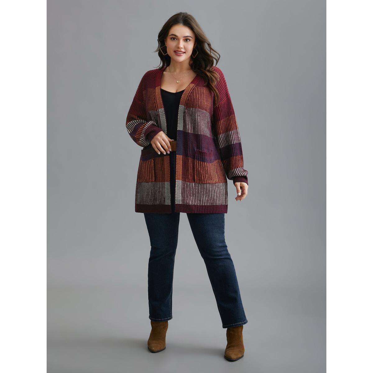 Plus Size Front-Open Color Block Knit Cardigan Multicolor Women Casual Loose Long Sleeve Everyday Cardigans BloomChic 12/L Product Image