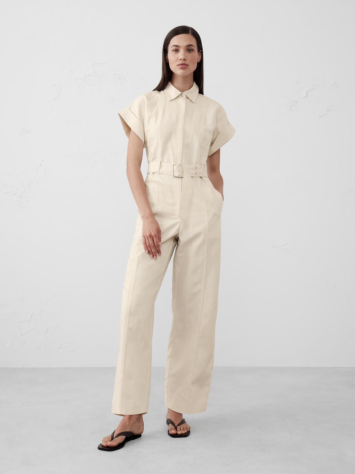 Linen-Blend Belted Jumpsuit Product Image