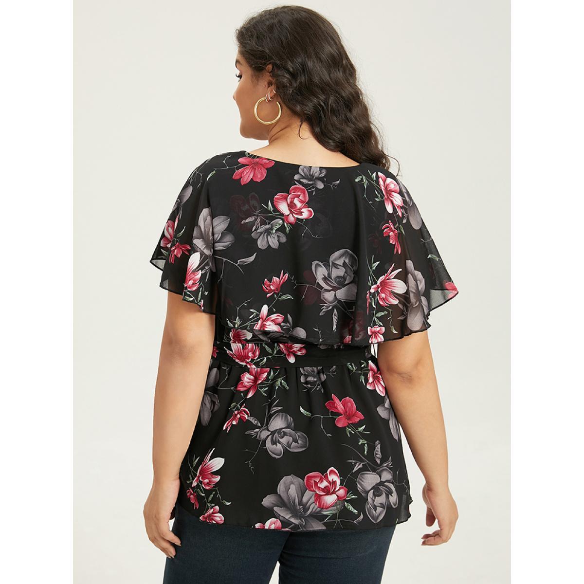 Plus Size Black Floral Split Batwing Sleeve Wrap Mesh Belted Blouse Women Glamour Cap Sleeve Deep V-neck Going out Blouses BloomChic 14-16/1X Product Image