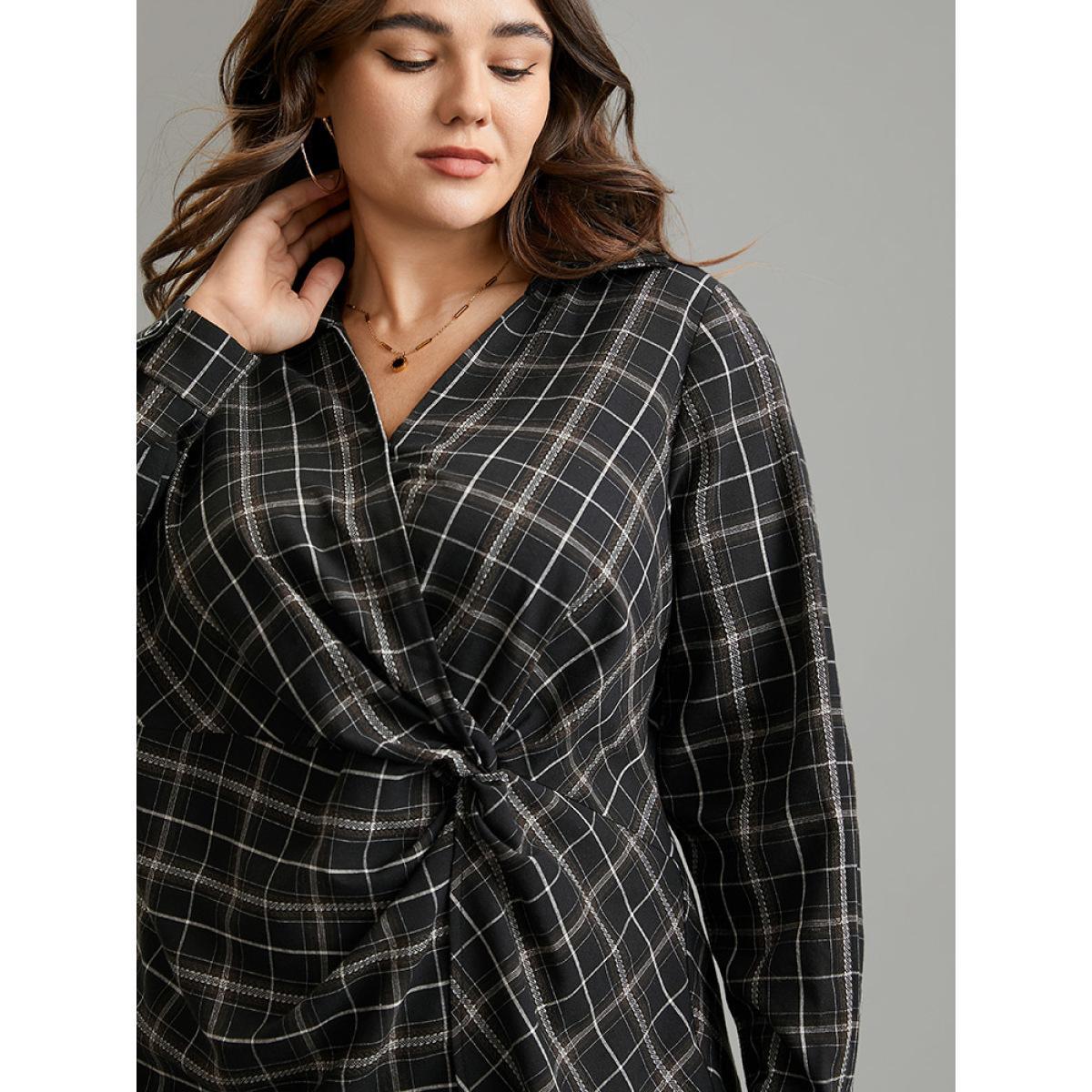 Plus Size Black Plaid Shirt Collar Twist Front Blouse Women Office Long Sleeve Shirt collar Work Blouses BloomChic 10/M Product Image