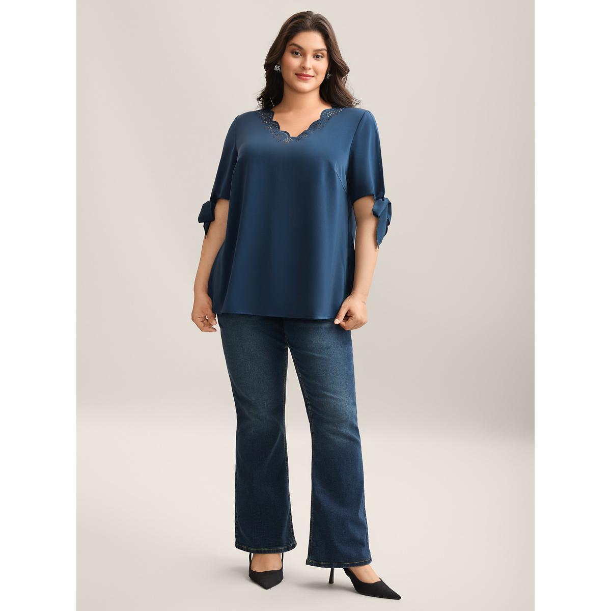 Plus Size Aegean Laser Cut Neckline Knotted Sleeve Blouse Women Short sleeve V-neck Work Blouses BloomChic 26/4X Product Image