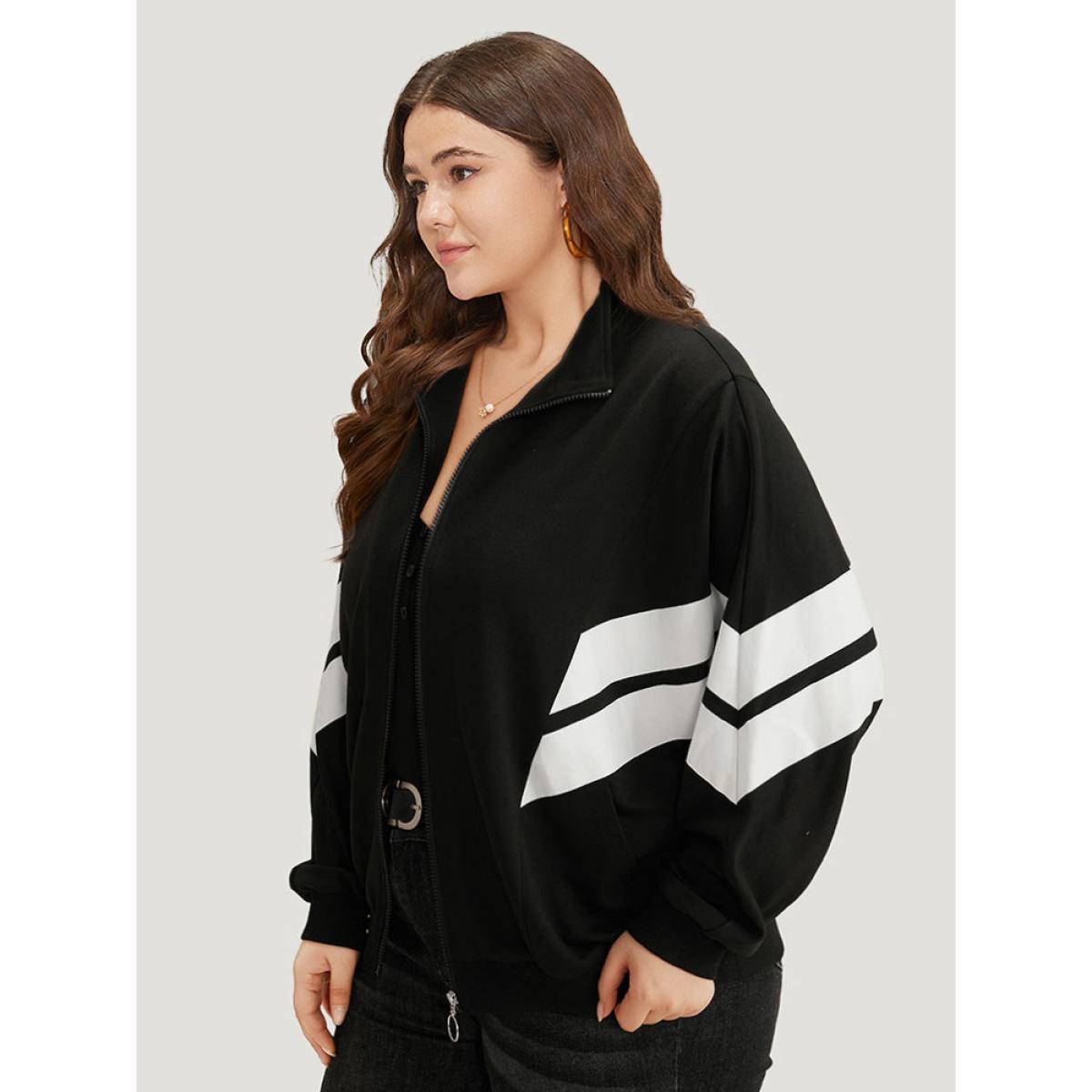 Plus Size Striped Geometric Mock Neck Zipper Jacket Women Black Contrast Everyday Jackets BloomChic 22-24/3X Product Image