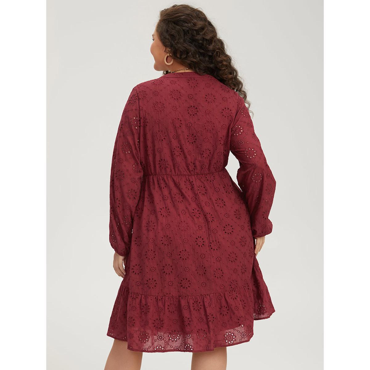 Plus Size Plain Geometric Eyelet Notched Lantern Sleeve Dress Burgundy Women Vacation Elastic cuffs Notched collar Long Sleeve Curvy Midi Dress BloomChic 12/L Product Image