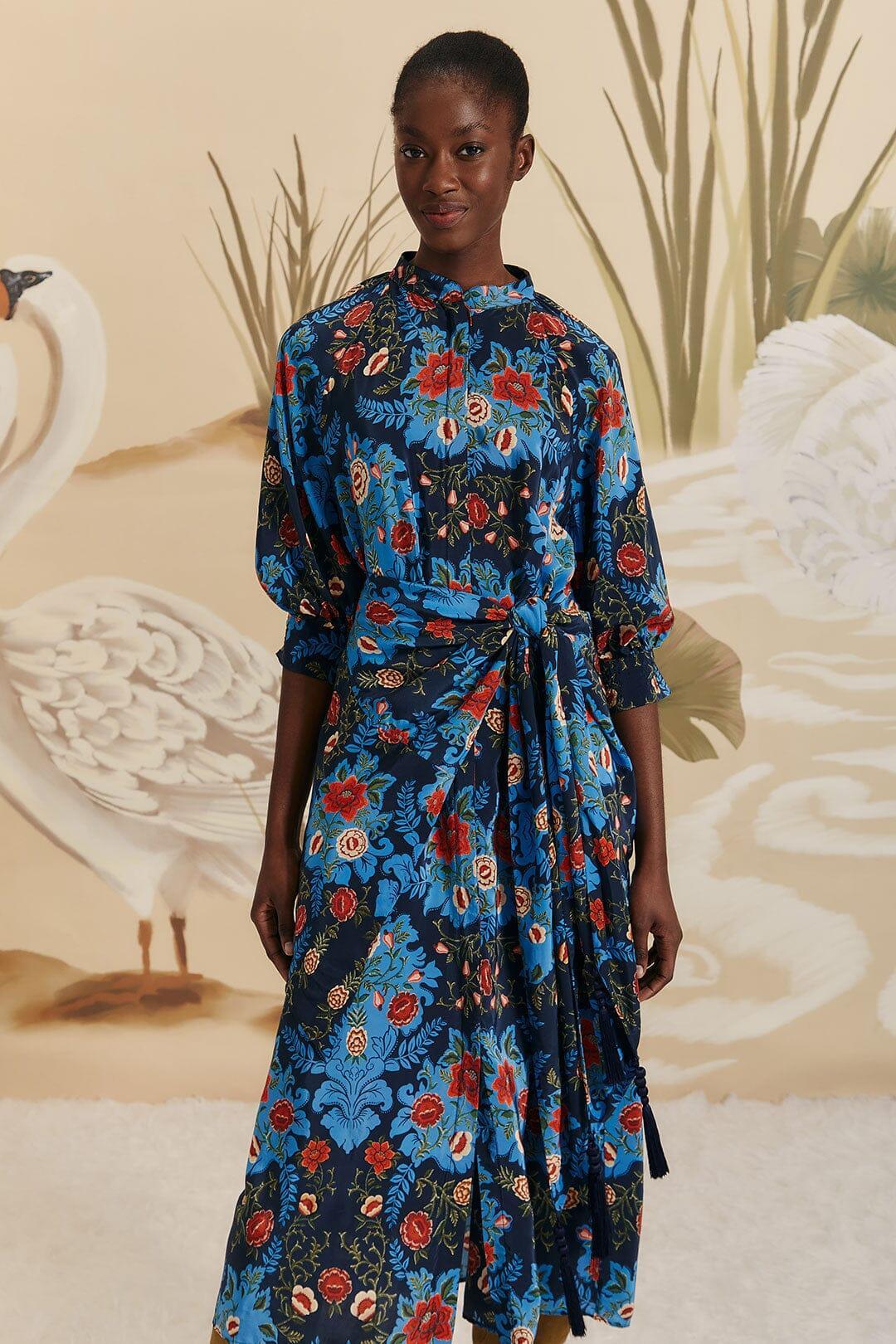 Blue Arabesque Floral Midi Dress, ARABESQUE FLORAL BLUE / XXS Product Image
