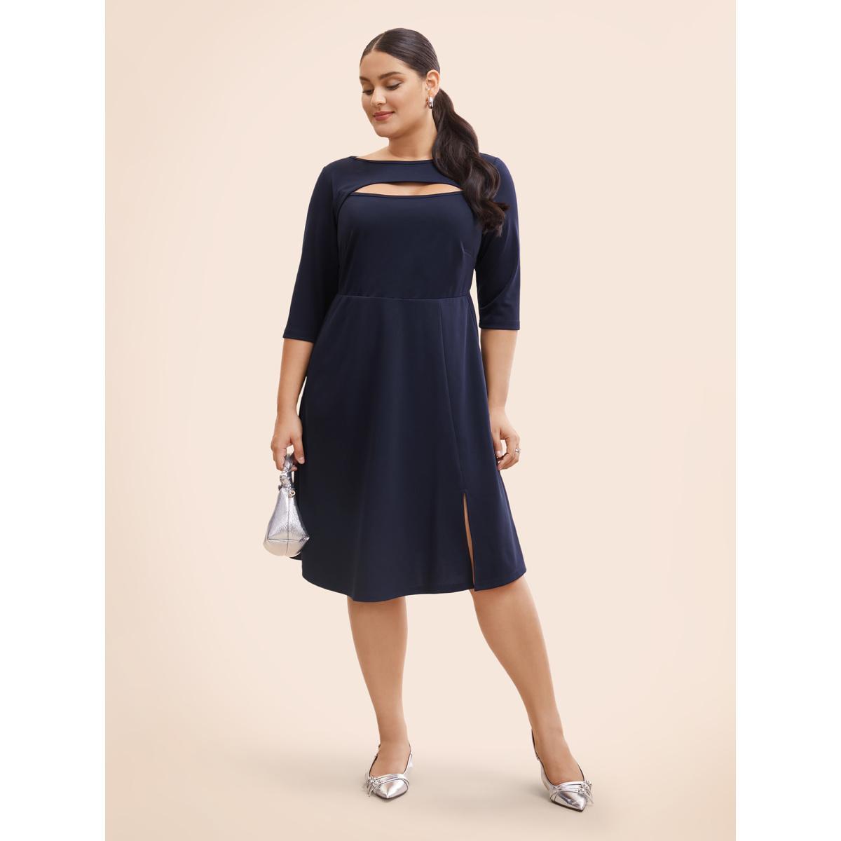 Plus Size Solid Cut Out Split Hem Dress Navy Women At the Office Cut-Out Boat Neck Elbow-length sleeve Curvy BloomChic 18-20/2X Product Image
