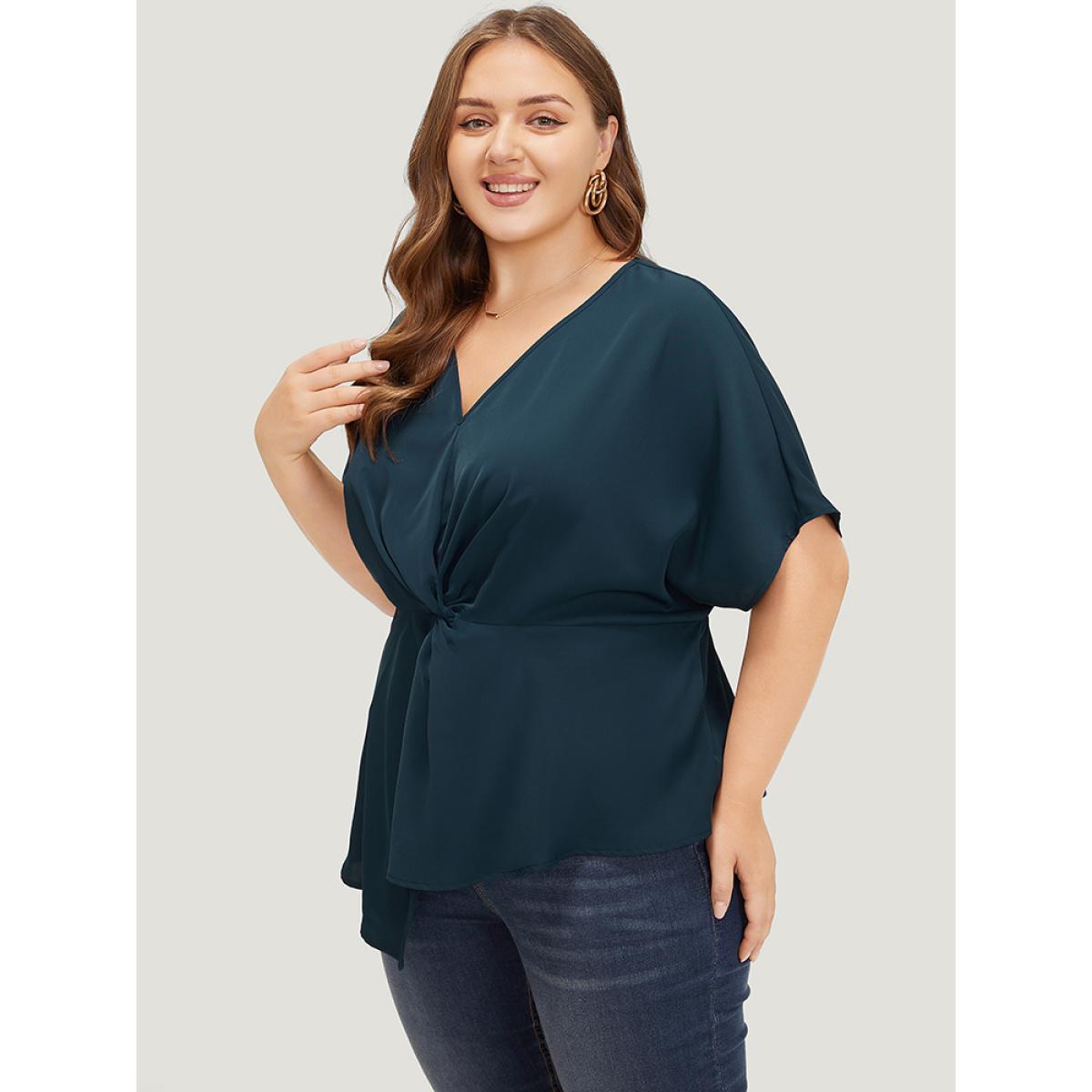 Plus Size Indigo Plain Twist Front Dolman Sleeve Asymmetrical Hem Blouse Women Office Short sleeve V-neck Dailywear Blouses BloomChic 30/6X Product Image